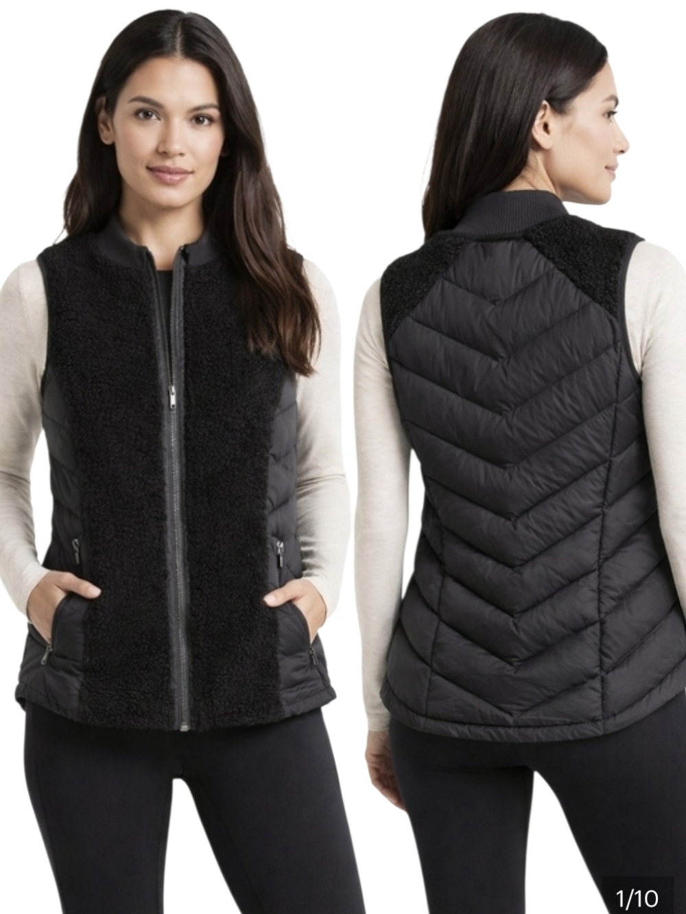 Athleta Down Black Quilted & Sherpa Zip Vest Size XS